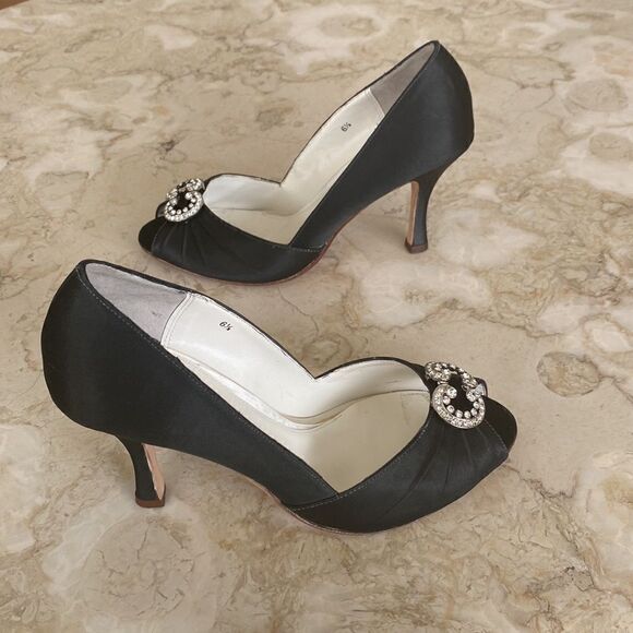 Benjamin Adams London Black Satin & Swarovski Crystals Peep Toe Evening Heels - Picture 8 of 16